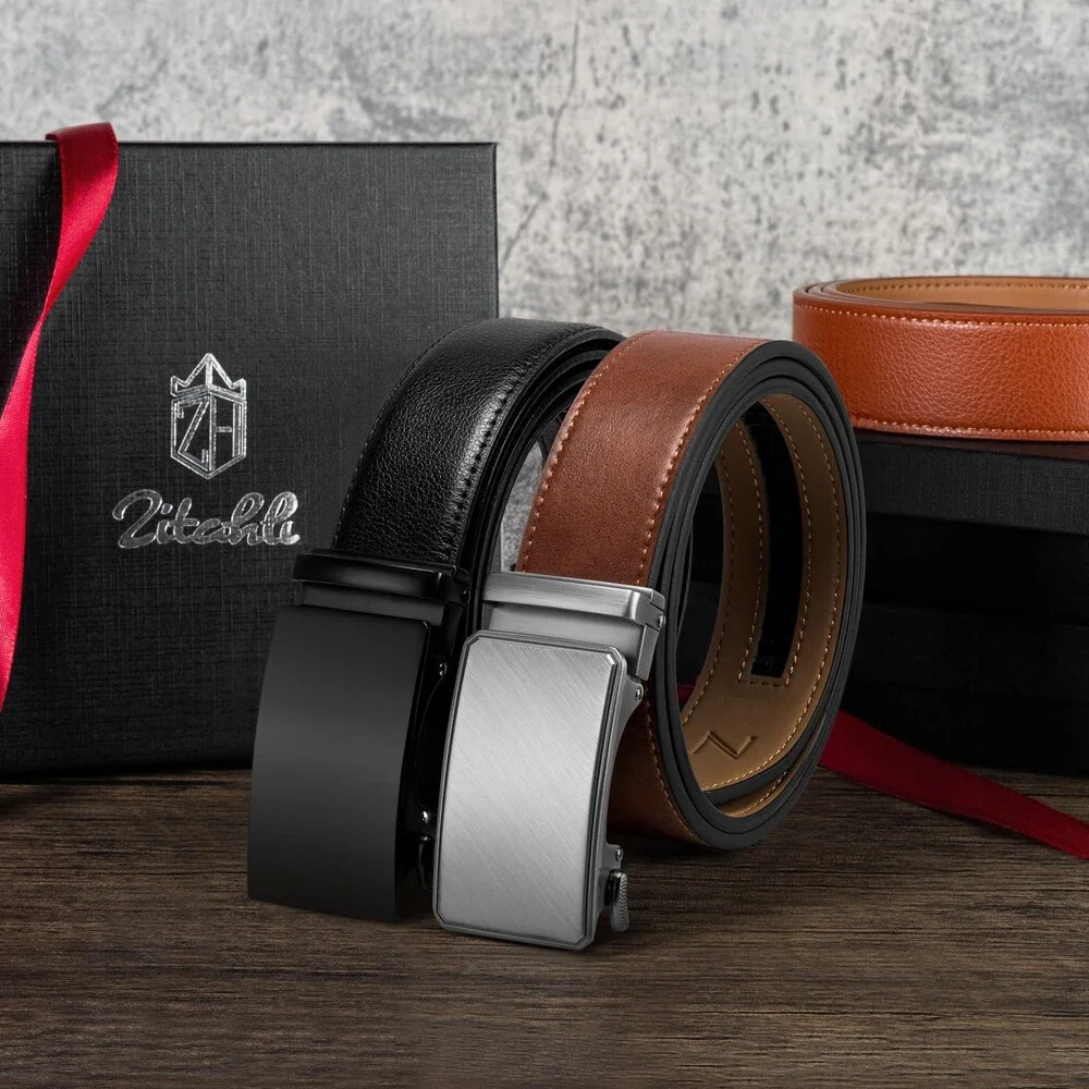 Zitahli Men's Ratchet Belt 2 Packs Leather Gift Dress CasualTrim Fit Size 34-48